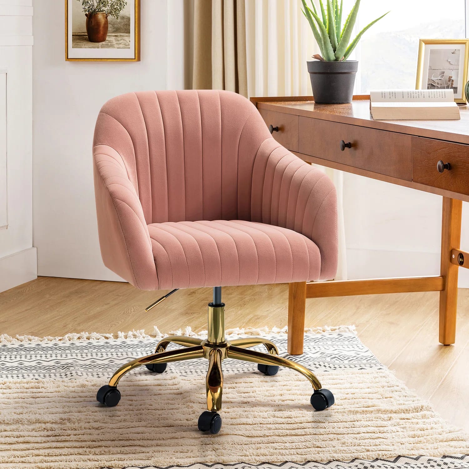 Adan Contemporary Velvet Task Chair with Wood Frame and Back