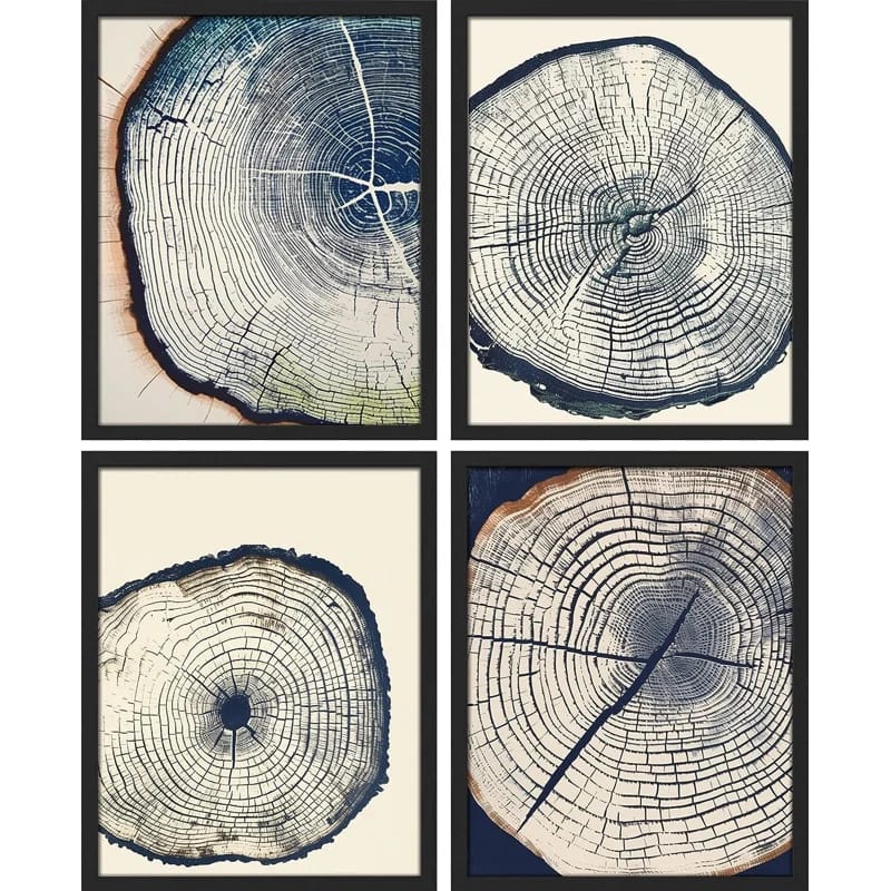 Rustic Navy Blue Wood Tree Ring Artwork Living Room Pictures Framed Wall Art 4 Pieces Paper Print
