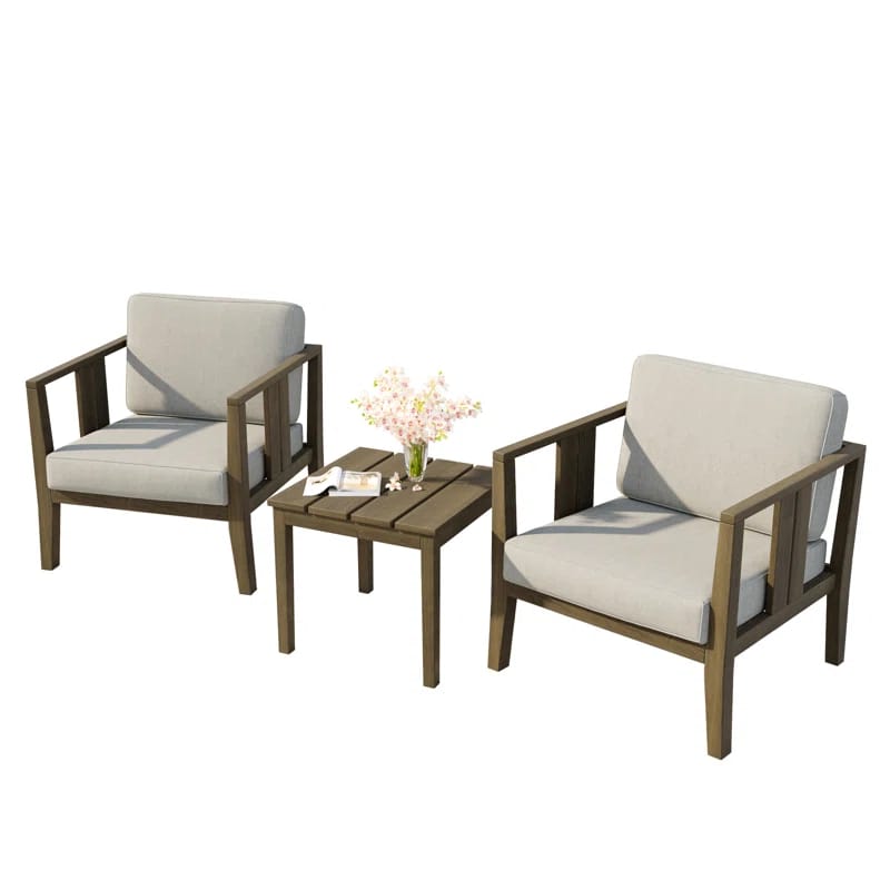 Polett Teak Outdoor Two-Person Patio Set With Cushions And Side Table