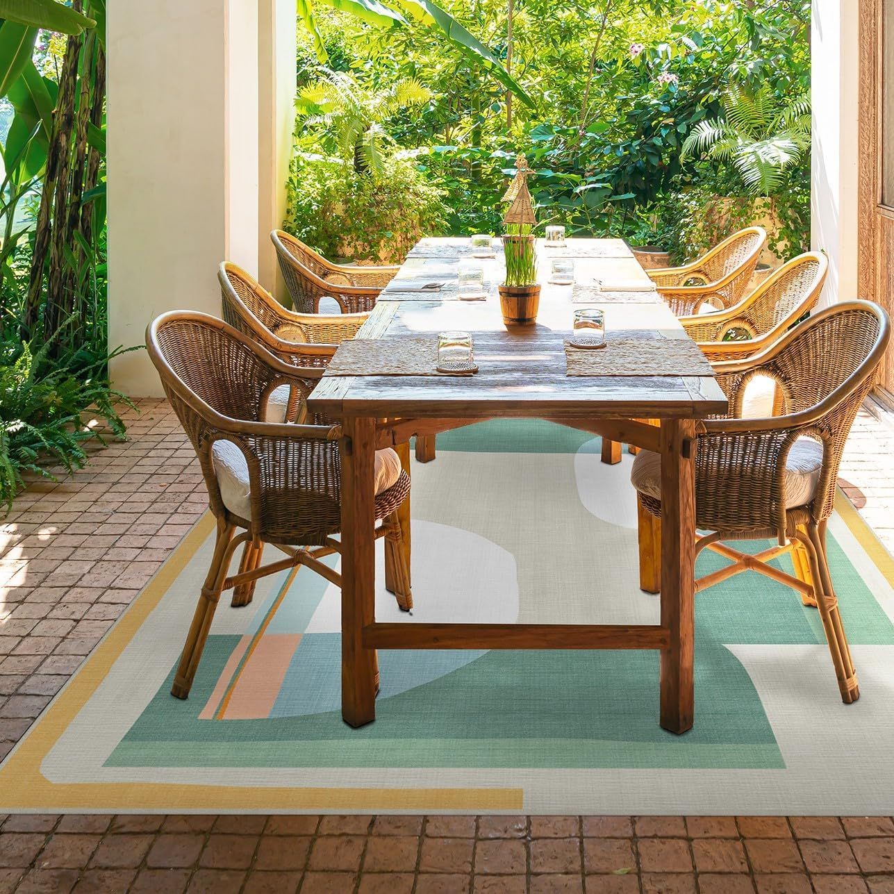 RUGGABLE Washable Area Rug – Outdoor Olena Jade 9x12, Stain-Resistant, Non-Slip – Large Machine Washable Rugs for Entryway, Patio, Balcony, Deck, & Porch–with Standard Pad