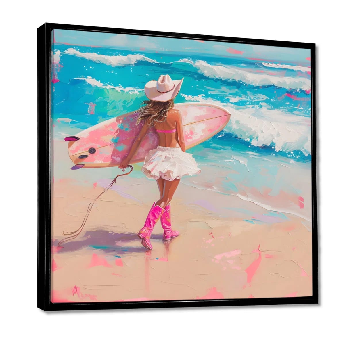 Beachside Surfing Cowgirl At Rockport Beach - Cowgirls Wall Art Print