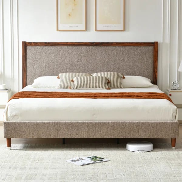 Wooden Platform Bed with Upholstered Base