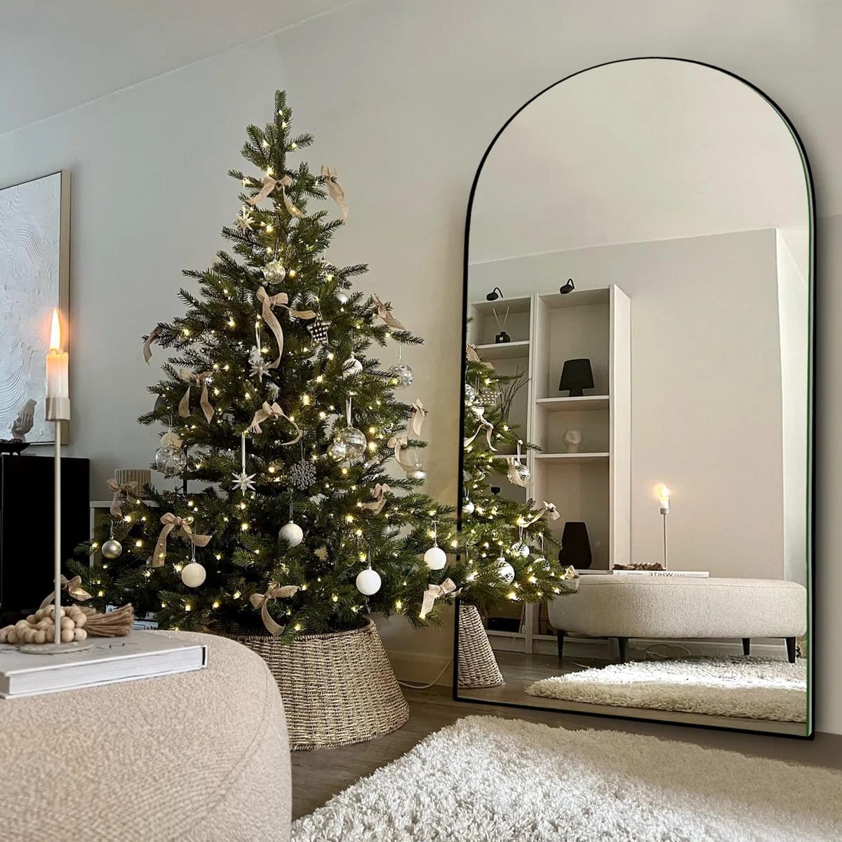 Leeron Oversized Arch Solid Wood Floor Mirror With Stand