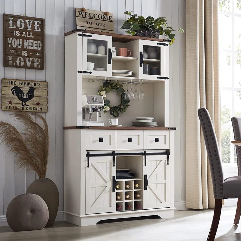 Kymbella Farmhouse 72" Tall Bar Cabinet,Coffee Bar& Sideboard Buffet Cabinet With Sliding Barn Door With 3 Drawers & 9 Wine Glass Rack