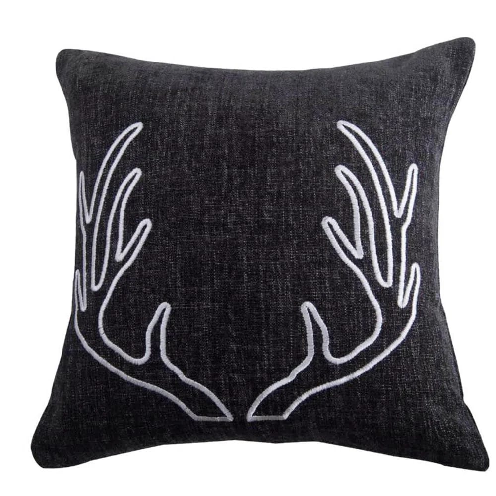Hamilton Charcoal Gray Embroidered Antlers Traditional Urban Rustic 18x18 Inch Throw Pillow