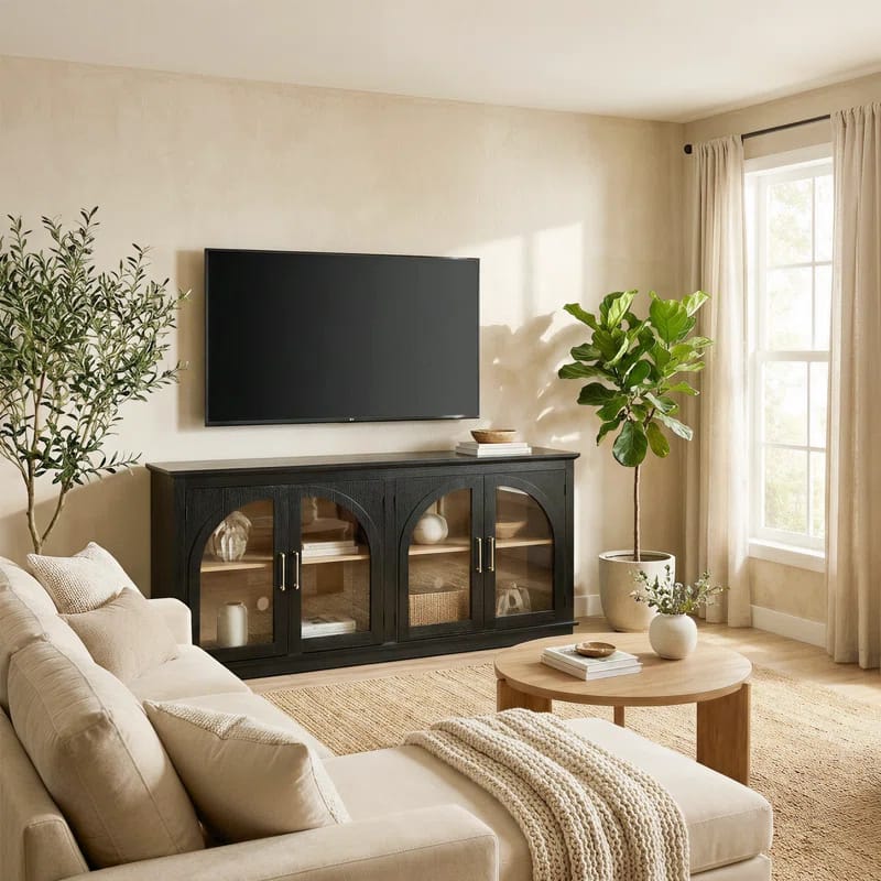 65" TV Stand with Adjustable Shelves, Accent Buffet & Sideboard With Arched Glass Door, Black