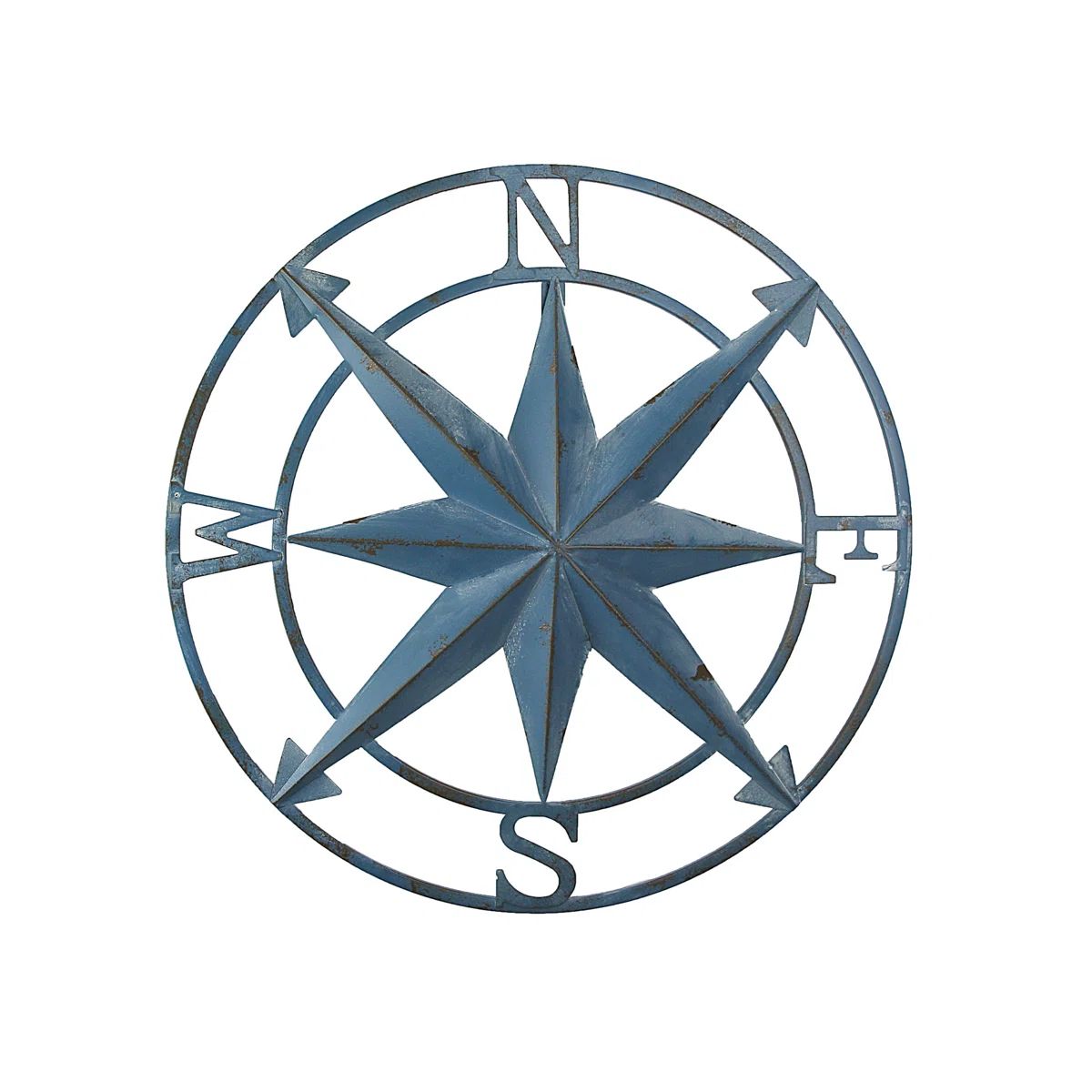 Nautical blue metal compass rose wall sculpture with distressed finish — 20-inch diameter