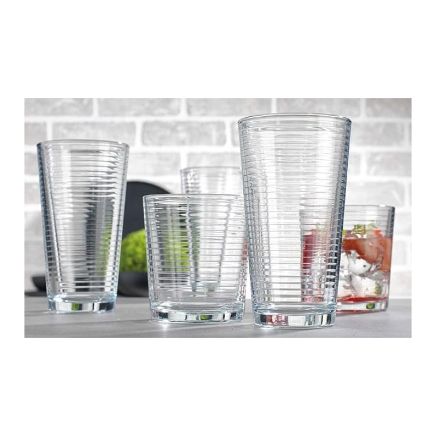 Le'raze Set of 16 Heavy Base Ribbed Durable Drinking Glasses Includes 8 Cooler Glasses (17oz) and 8 Rocks Glasses (13oz), Clear Glass Cups - Elegant Glassware Set 