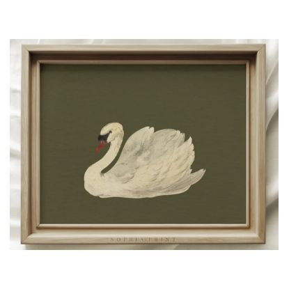 Vintage Green Swan Art, Sage Green Swan Wall Art, Girls Room Decor, Nursery Print, Textured Paper Print, MAILED ART PRINTS #337