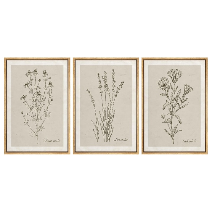 Framed Canvas Print Wall Art Set Retro Vintage Antique Garden Wildflowers