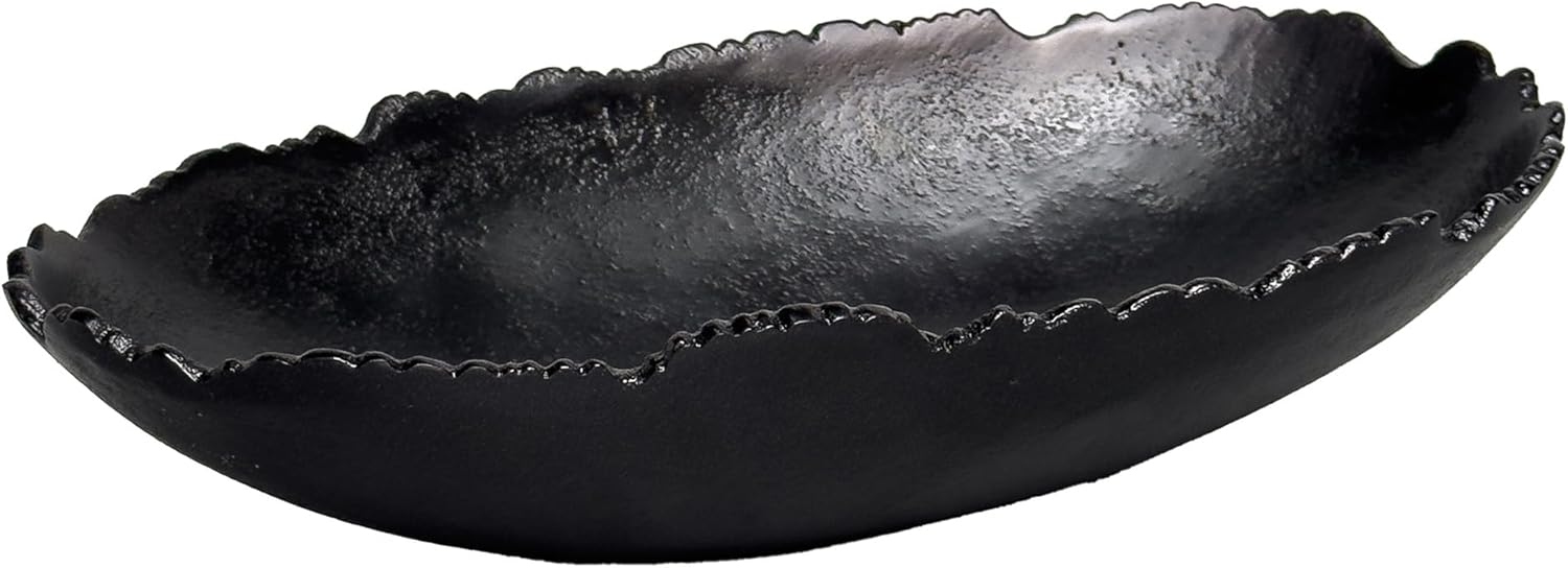 Free-Form Irregular Scalloped Edge - 12 x 6.5 x 2.5 Inch Matte Black Aluminum Shallow Oval Decorative Serving Bowl