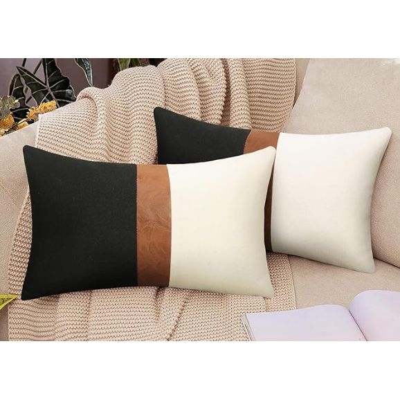 Merrycolor Pack Of 2 Thick Black Linen Farmhouse Lumbar Throw Pillow Cover Black Brown Decorative Linen Faux Leather Ticking Stripe Cushion Pillowcase Modern Sofa Couch Pillow Cover 12x20 Inches : Home & Kitchen