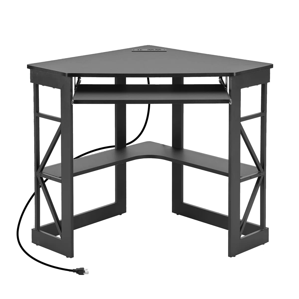 Lambrecht Corner Desk With Outlets & USB Ports, Triangle Computer Desk With Charging Station, Storage Shelf, Space Saving Writing Desk For Small Space