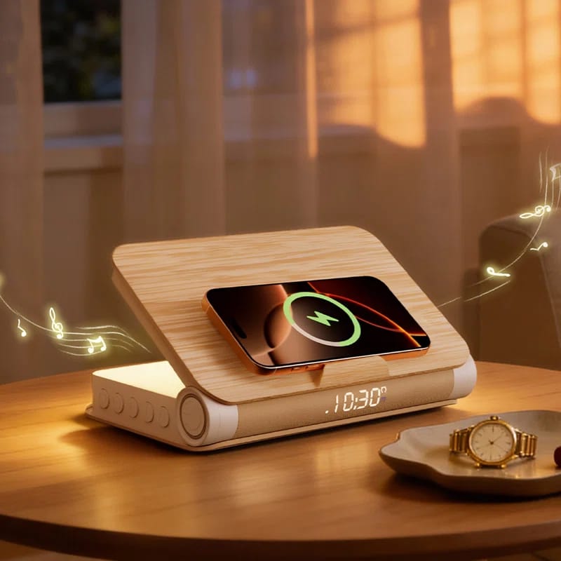 Sunrise Alarm Clock With Book Lamp, Wireless Charger, Bluetooth Speaker, Snooze Wake Up Light For Heavy Sleepers