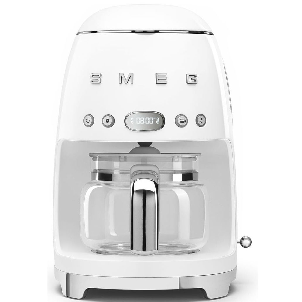Smeg 50's Retro Style Aesthetic Drip Coffee Machine with 10 Cup Glass Carafe, Auto Start Feature, Keep Warm Plate, and Two Coffee Strength Settings (White)