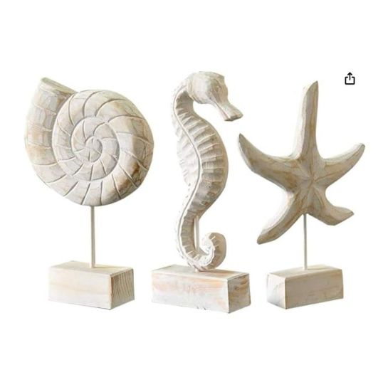 Creproly 3pcs Modern Wood Sculpture Home Decor Statue Starfish Conch Seahorse Figurines Beach Nautical Style Table Sculptures Home Decor : Home & Kitchen