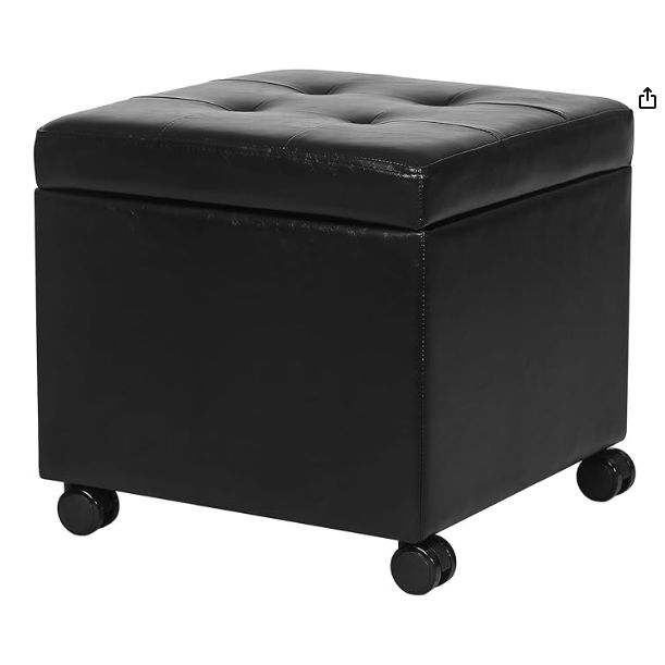 Homebeez Leather Storage Ottoman with Steerable Rolling Wheels, 17.9" Square Small Foot Rest Stool Tufted Cube Footstool with Hinged Lid, Load 300 lb, for Living Room, Bedroom, Entryway, Black