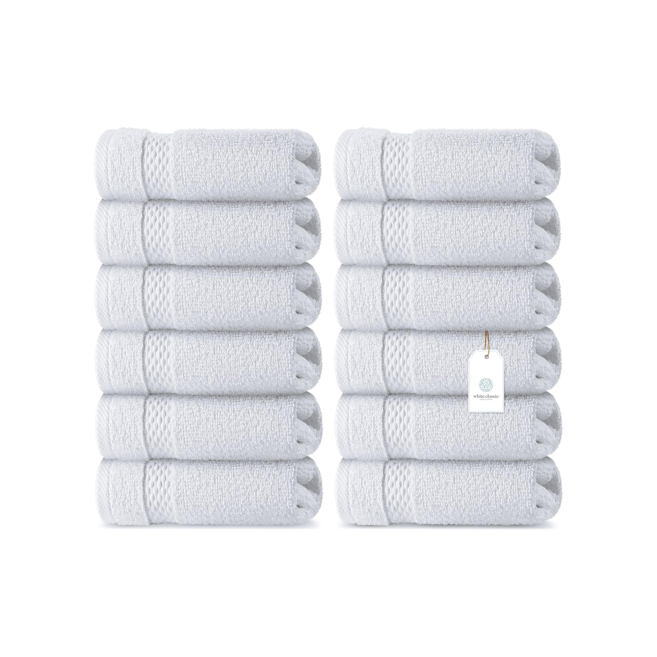 White Classic 6 Luxury White Hand Towels 16 x 30 and 12 Luxury White Washcloths 13 x 13 | Cotton, Highly Absorbent and Quick Dry for Hotels, Spa and Bathroom