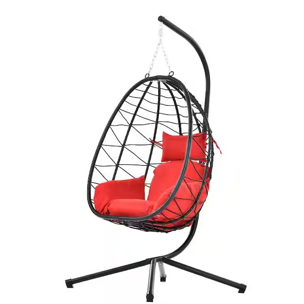 Outdoor Patio Red Wicker Swing Hanging Hammock Chair Egg Chair with Stand
