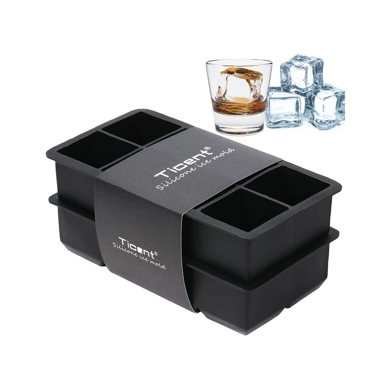 Ticent Large Ice-Cube-Tray Silicone Ice-Cube-Mold 2-Inch Ice Cubes for Whiskey and Cocktail, Pack of 2