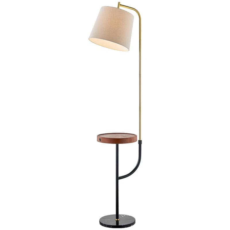 Leeward 66" Modern Floor Lamp with Round Solid Wood Tray & USB Port, Polished Brass and Matte Black Metal Frame, Black Marble Base Standing Lamp for Bedroom, Living Room & Office