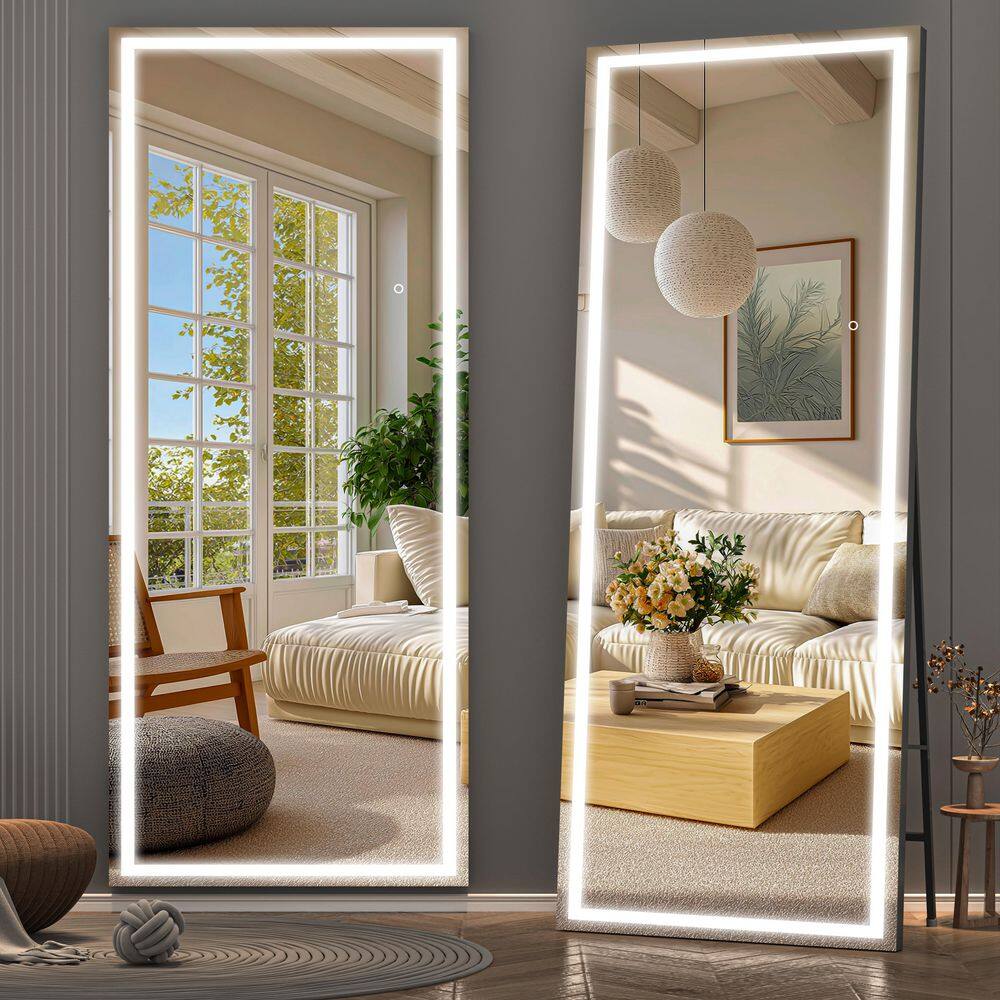 32 in. W x 79 in. H Square Black LED Lighted Floor Standing Mirror, Hanging Mounted Mirror, Dimmable, Tempered Glass