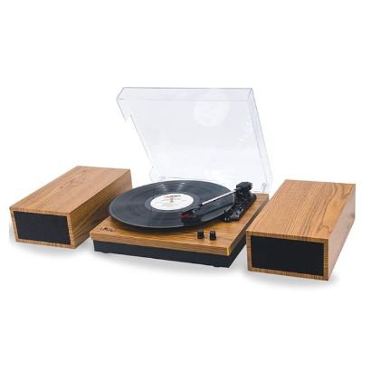 LP&No.1 Wireless Vinyl Record Player with External Speakers, 3-Speed Belt-Drive Turntable for Vinyl Albums with Auto Off and Wireless Input, Yellow Wood