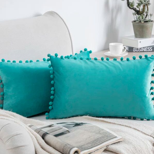 Phantoscope Velvet Pompom Collection Silky Velvet Series Pom Pom Decorative Throw Pillow With Insert