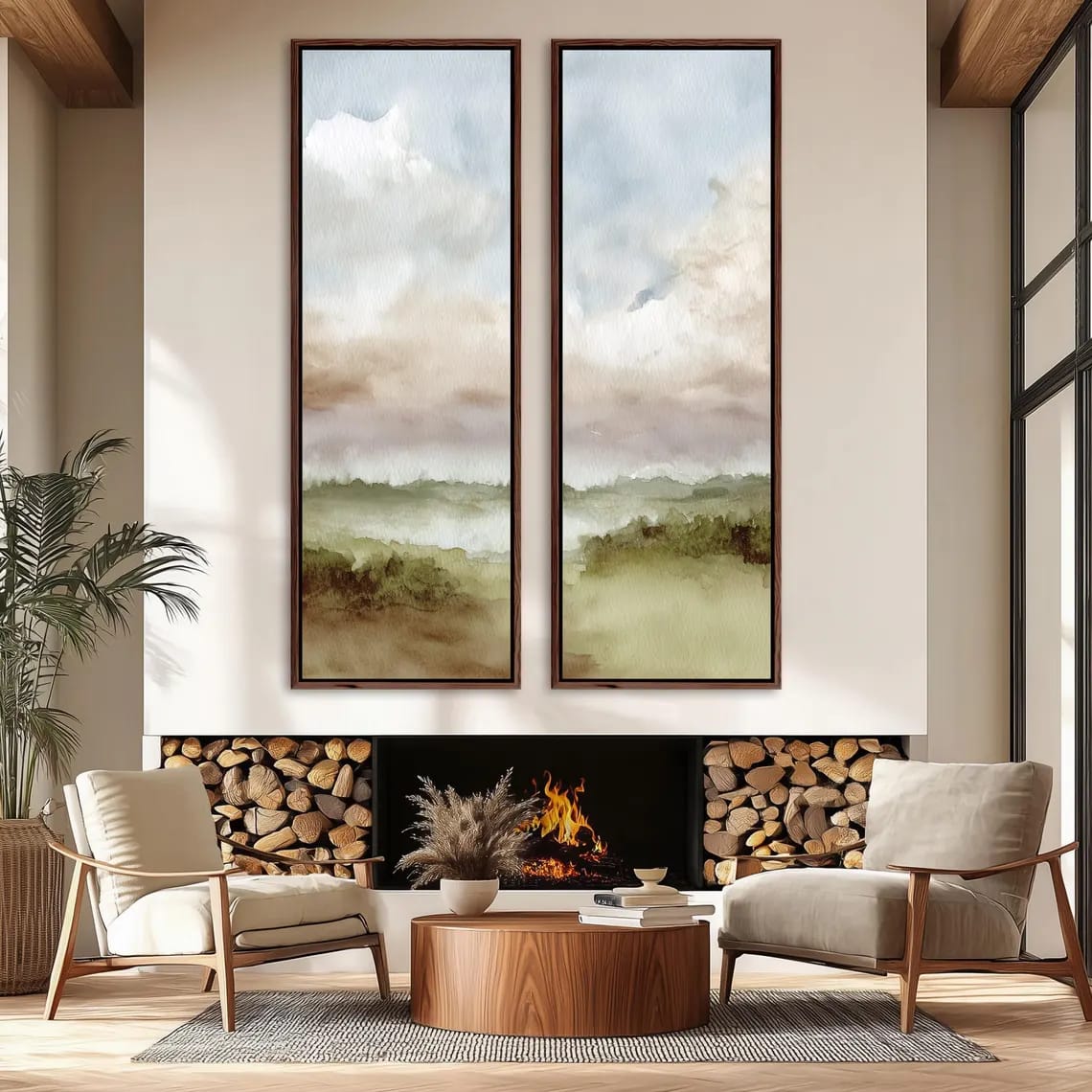 Framed Abstract Landscape Art: Neutral Watercolor Canvas Print, Set Of 2