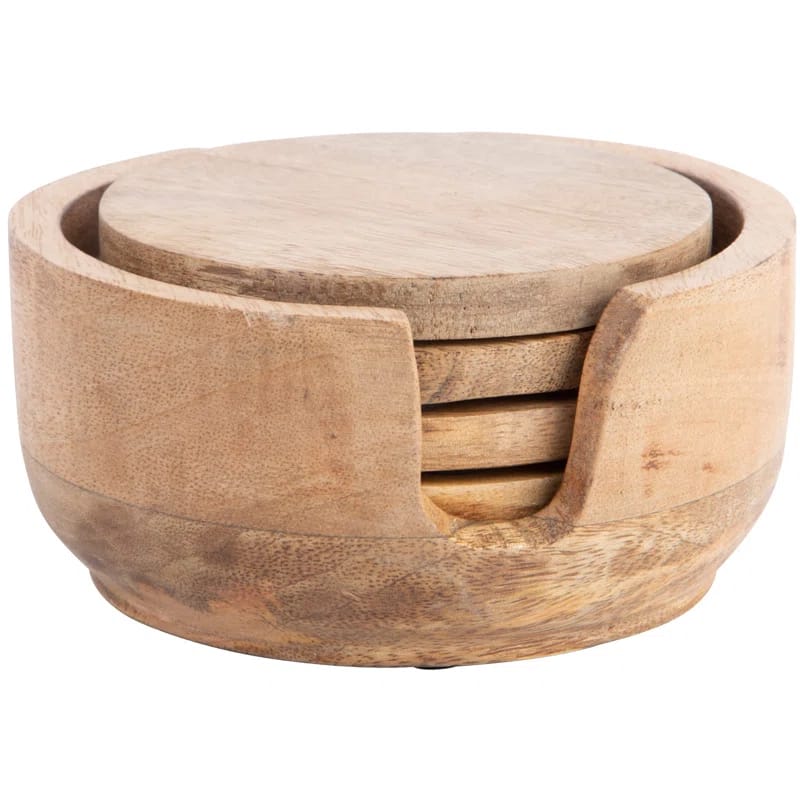 Wood Round 4 Piece Coaster Set With Holder