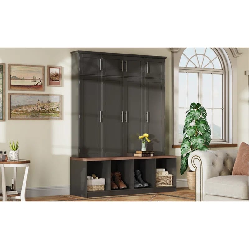 Farmhouse Hall Tree with 4 Hidden Hooks, Walnut Seating Bench, 8-Door Shoe Cabinet & Open Compartments for Entryway