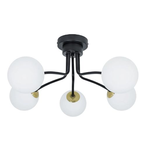 Black Gold 5 Lights Semi Flush Mount Ceiling Light Fixture, Modern Globe Close to Ceiling Light Mid-Century Frosted Glass Globe Shade Sputnik Chandelier for Bedroom Living Room Foyer