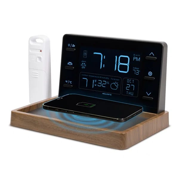 AcuRite Weather Valet with Qi-Certified Wireless Charging Pad, Auto-Dimming LCD Screen, Alarm Clock, Hyperlocal Forecast, Outdoor Temperature and Humidity Measurements, Indoor Temperature Reading (02047)