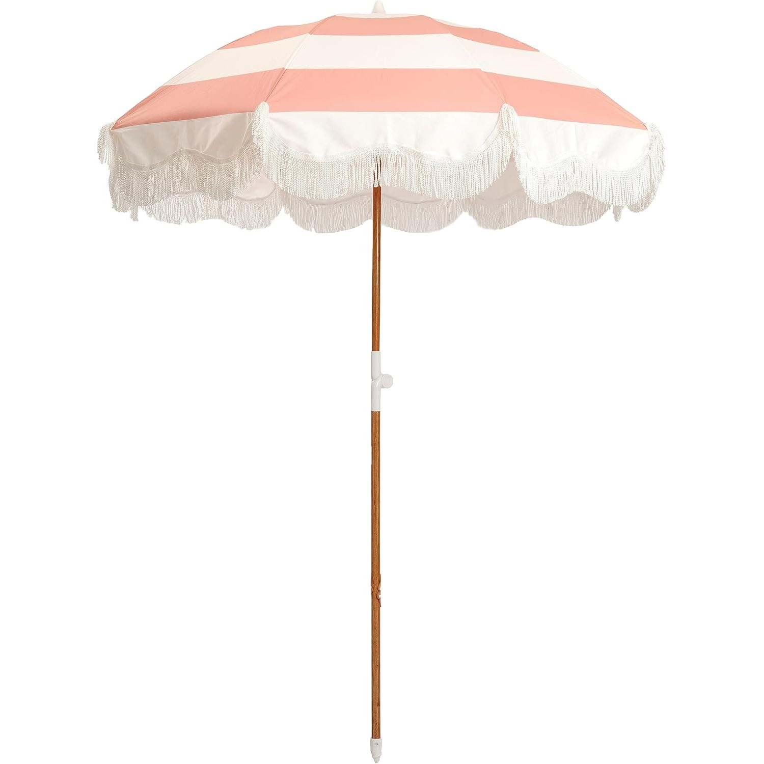 Business & Pleasure Co. Holiday Umbrella - Boho Beach Umbrella with White Fringe, UPF 50+, 1" Tilting Wood Pole, 5’ x 6.5’, Pink Capri Stripe
