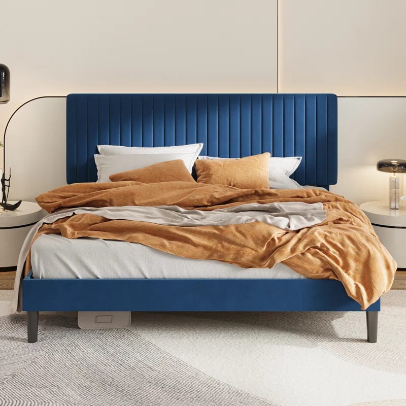 Velvet Upholstered Platform Bed With Adjustable Vertical Channel Tufted Headboard