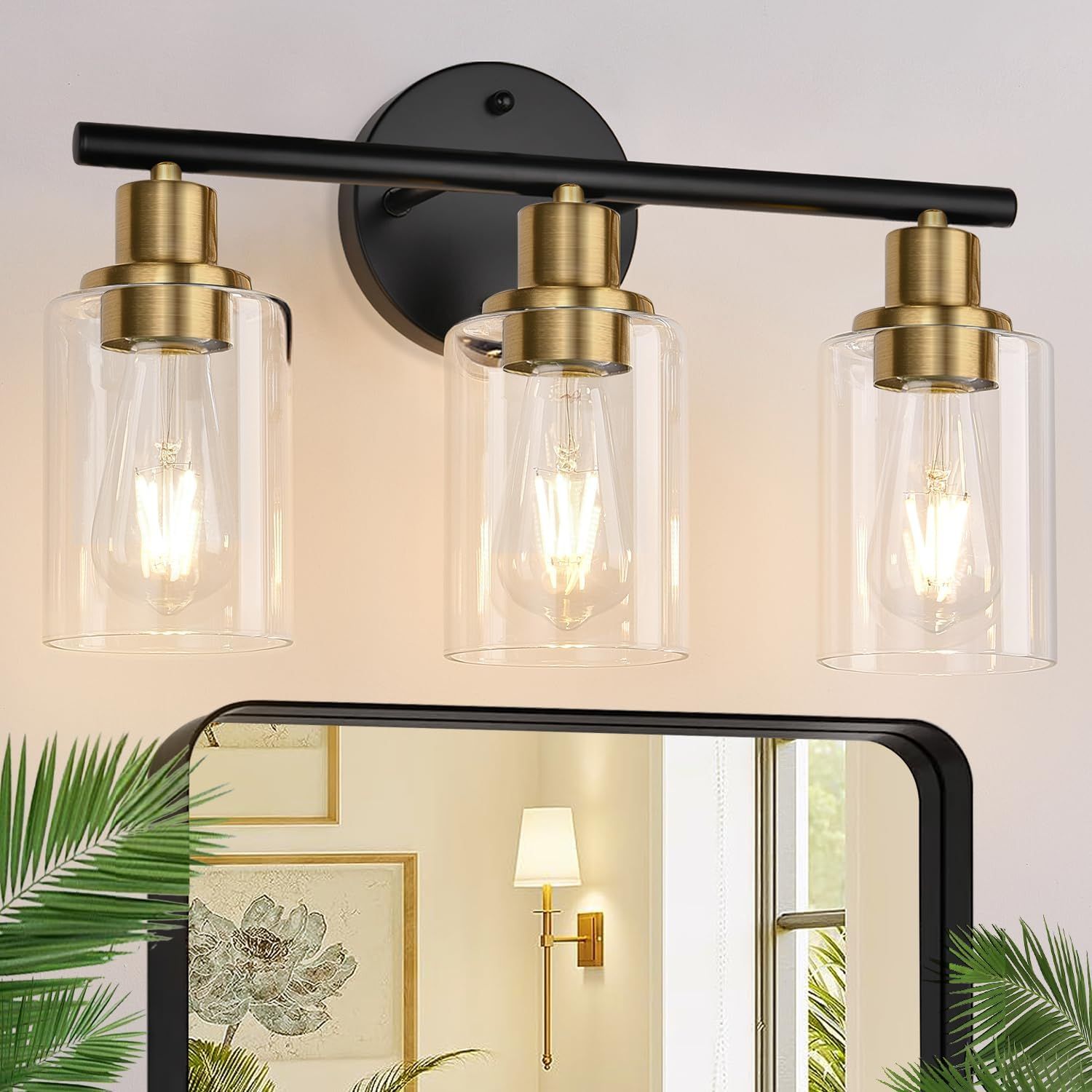 Zarbitta 3-Light Bathroom Light Fixtures, Black and Gold Bathroom Wall Lights, Modern Vanity Light with Clear Glass Shade, Bathroom Wall Lamp for Mirror Kitchen Bedroom Hallway Cabinet
