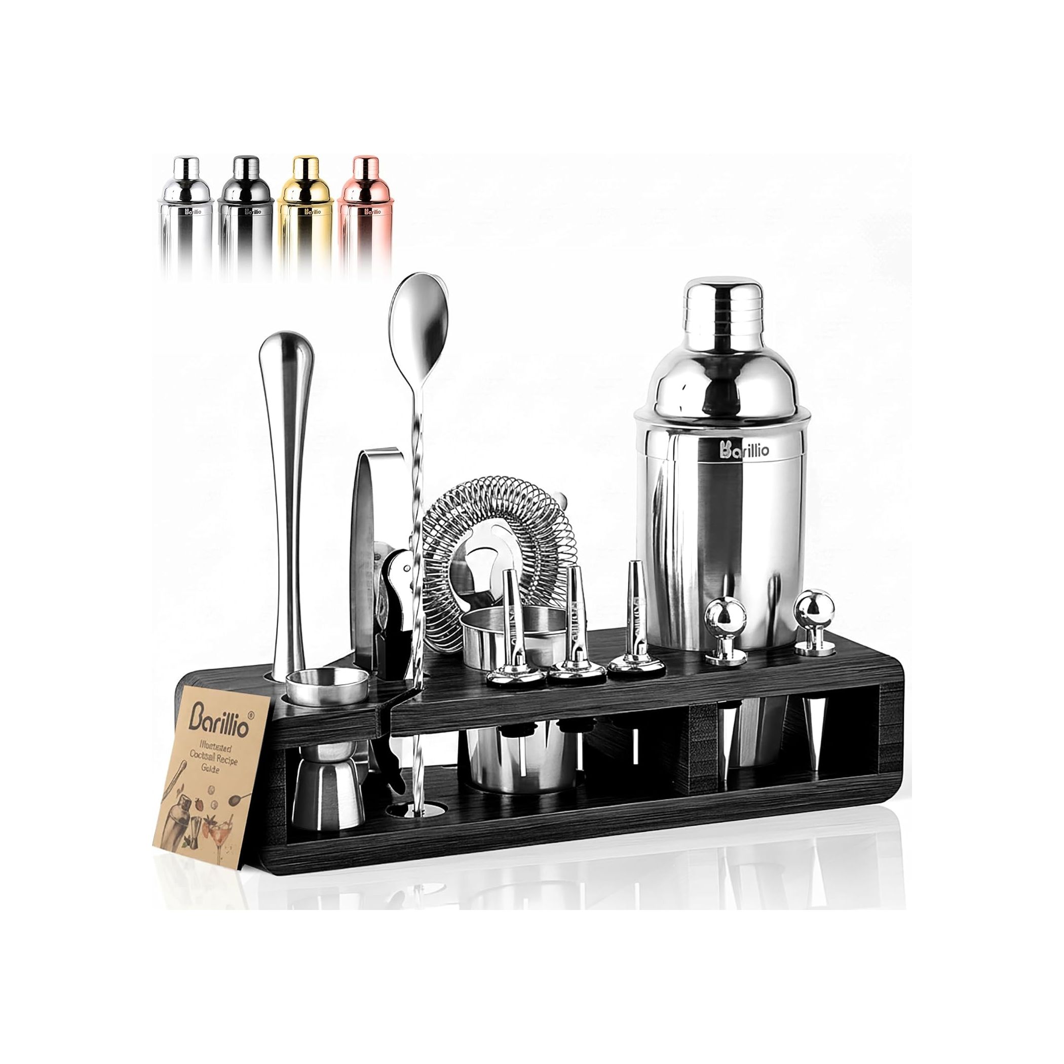 Barillio Silver Bartender Kit - Stainless-Steel Cocktail Shaker Set w/Black Bamboo Stand - Mixology Bar Tools w/Drink Shaker, Mixer & Muddler for Cocktails - Home Bar Accessories - 23-Pc Bar Set