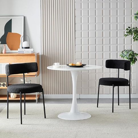 Honyee Black Dining Chairs, Modern Dining Chairs Set of 2, Teddy Fleece Round Cushion Dining Room Chairs, Curved Backrest Dining Chairs with Black Metal Legs (Black, 2Pcs)