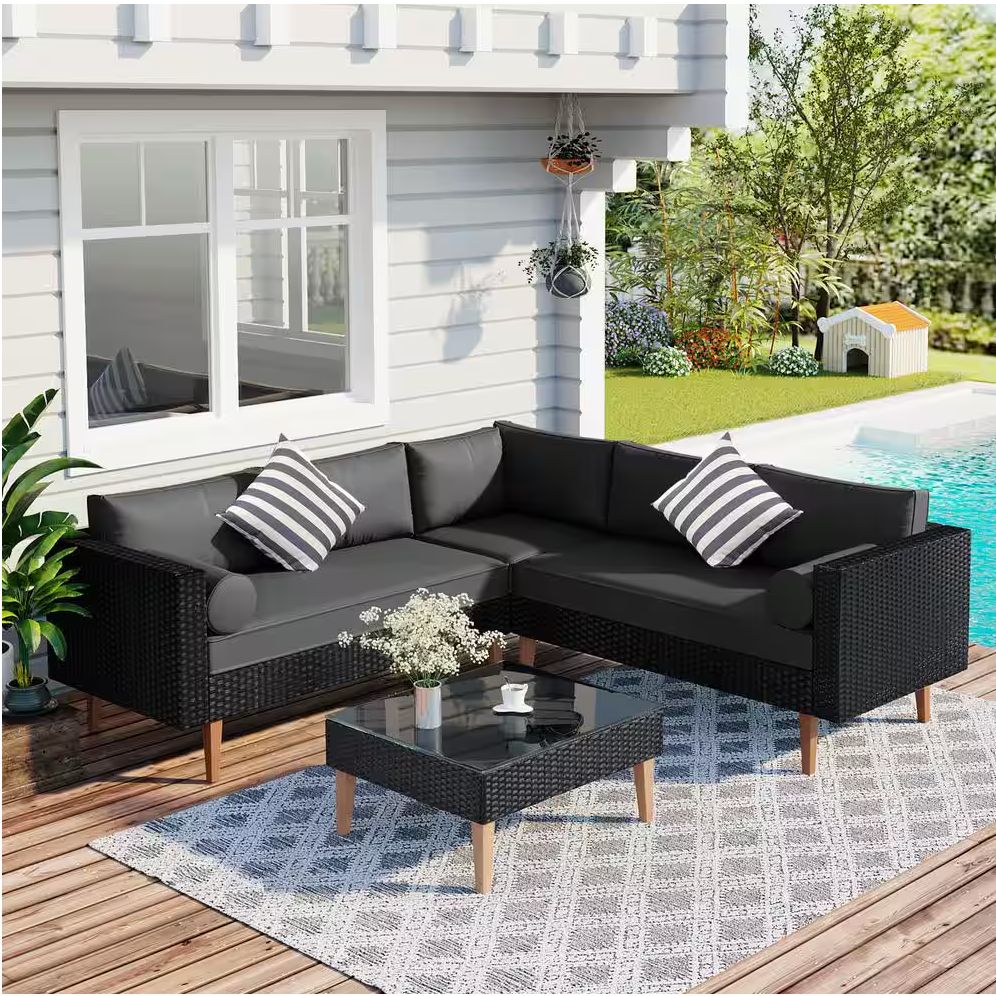 Black 4-Piece Wicker L-Shaped Outdoor Sectional Set with Gray Cushions and 2 Colorful Pillows