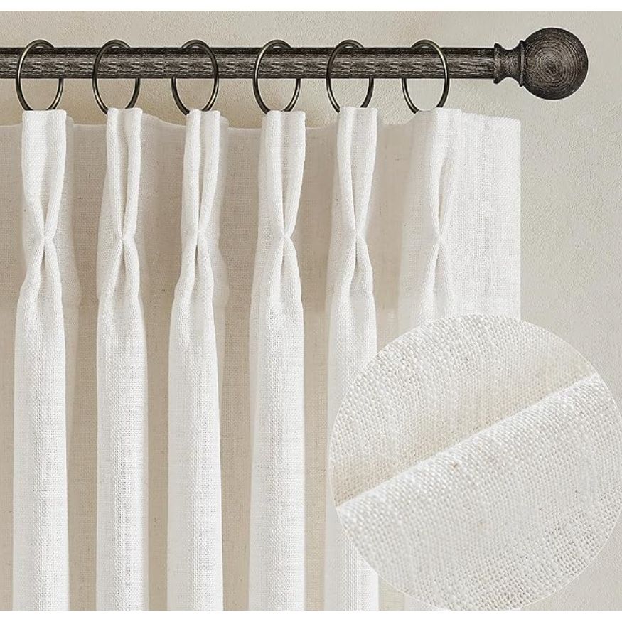 Natural Pinch Pleated Linen Curtains 84 Inch Length 2 Panels For Living Room Bedroom Textured Cream Ivory Birch Semi Sheer Boho Neutral Back Tab Pinch Pleat Hooks Rings Window Curtain 84 Inches Long : Home & Kitchen