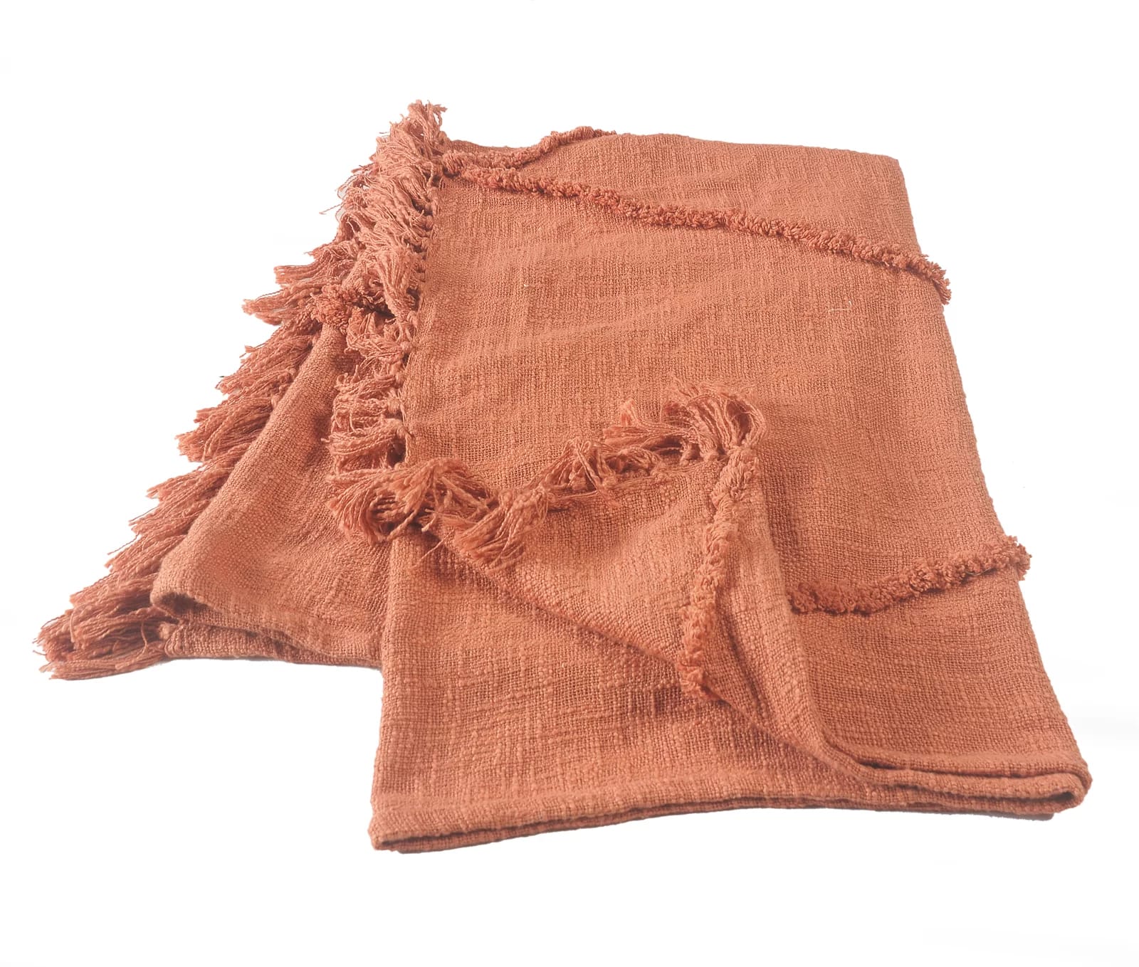Terracotta Fringed Handmade Woven Throw Blanket