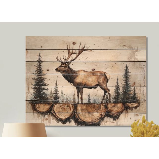 Millwood Pines Deer In Wooden Forest Landscape Ii Deer Animal Wood Print On Natural Pine Wood