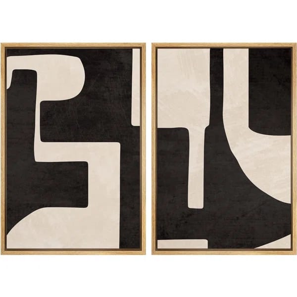 Black & White Geometric Paint Stroke Abstract Neutral Decor Framed Canvas 2 Pieces Print Wall Art
