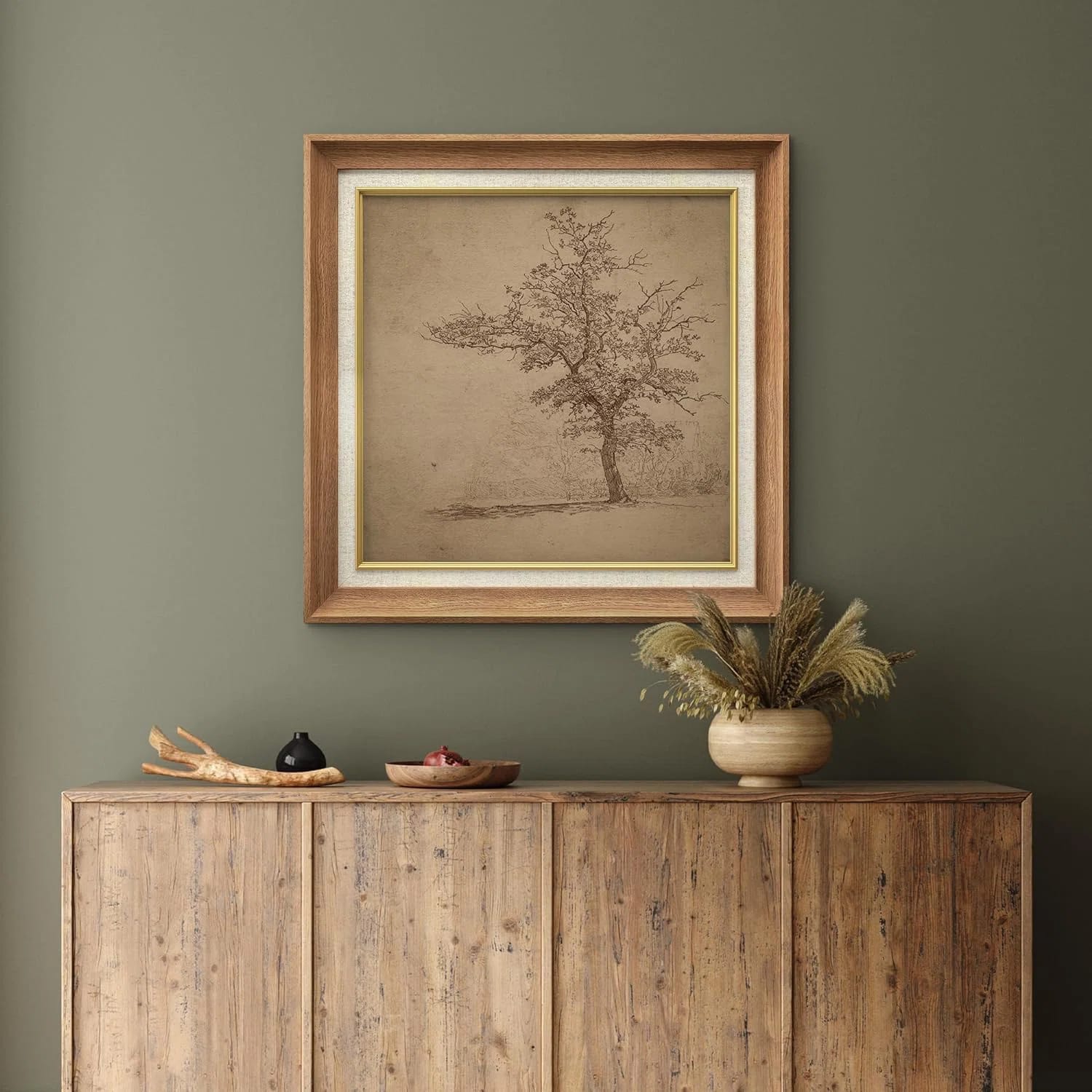 Rustic Countryside " IDEA4WALL Premium Framed Wall Art Forest Tree Field Illustration Mid-Century Fine Art Decorative Retro Historic Zen For Living Room, Bedroom, Office "