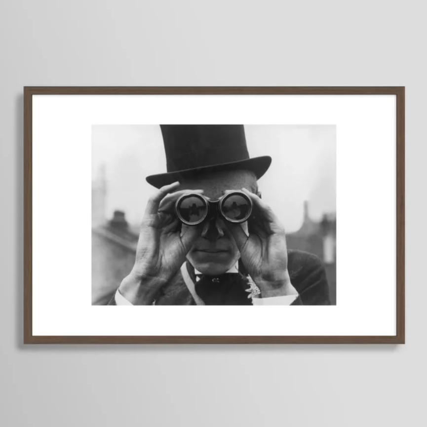 Derby Spectator Watching Ponies with Opera Glasses Black and White Photograph - Photography - Photographs Framed Art Print