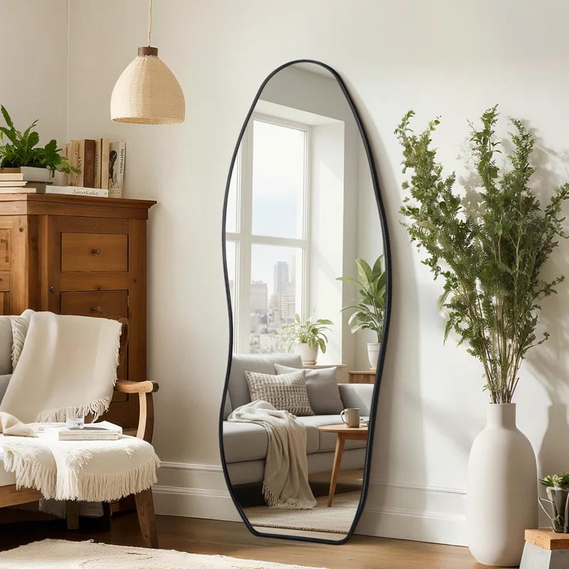 Modern Irregular Full-length Mirror With Aluminum Frame, Wall-mounted Or Free-standing Design