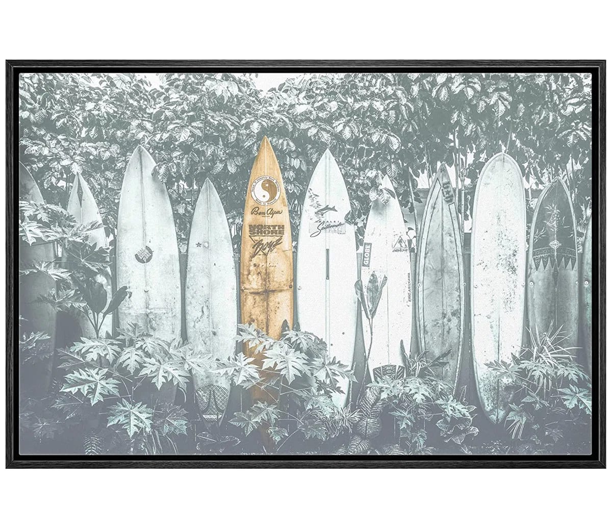 " Surfboards Stacked Against Palm Trees "