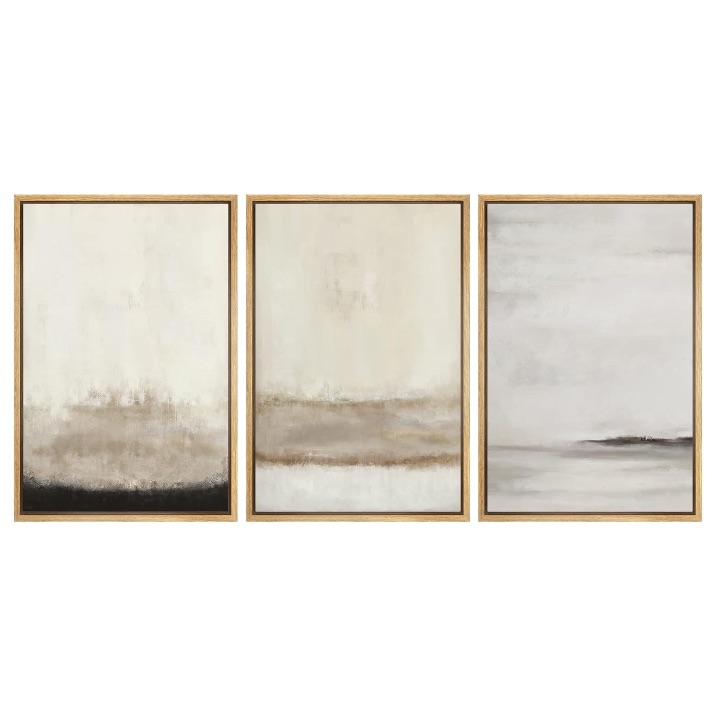 Framed Canvas Print Wall Art Set Minimal Gray Tan Paint Stroke Landscape Abstract Shapes Digital Art Modern Art Decorative Boho Calm/Zen for Living Room, Bedroom, Office - 16"x24"x3 Natural