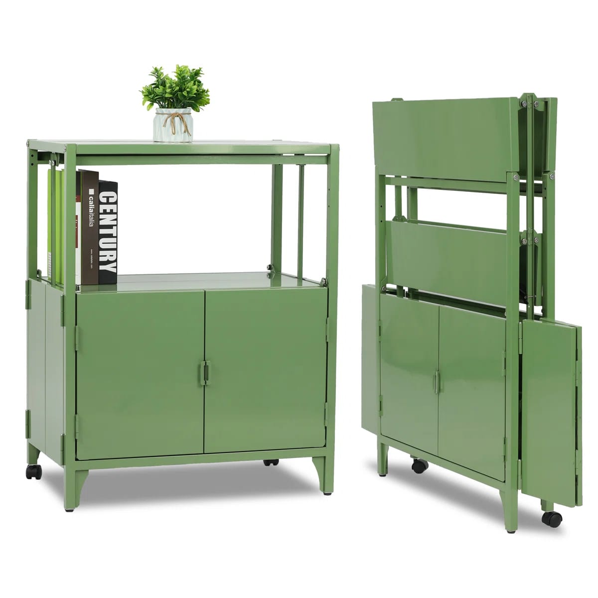 Accent 23.6’’ Wide Foldable Metal Double Layer Cabinet with Wheels Easy Assemble end table