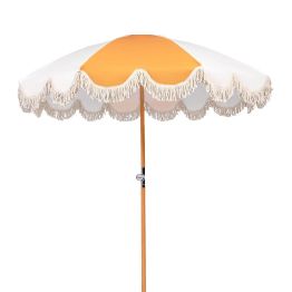 Funsite 6.5ft Pagoda Beach Umbrella With Fringe, Upf 50+ Boho Umbrellas With Carry Bag, Premium Wood Pole Foldable Tassel Umbrella For Outdoor Garden Lawn Pool Yard Table, Yellow White : Patio, Lawn & Garden